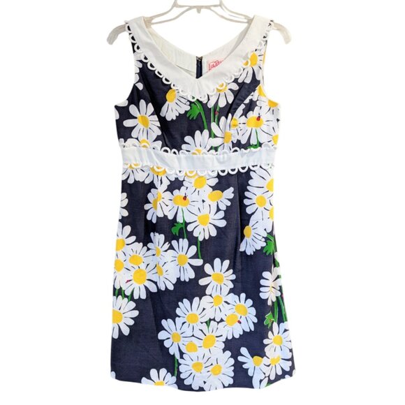 LILLY PULITZER Bright Navy Look Lady Dress 4 Navy Blue White Daisies Ladybugs - Picture 1 of 7